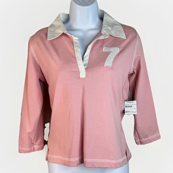 Vintage Arizona Jean Co Womens Y2K Rugby Polo Shirt Top Pink Preppy Old Money - Picture 1 of 12
